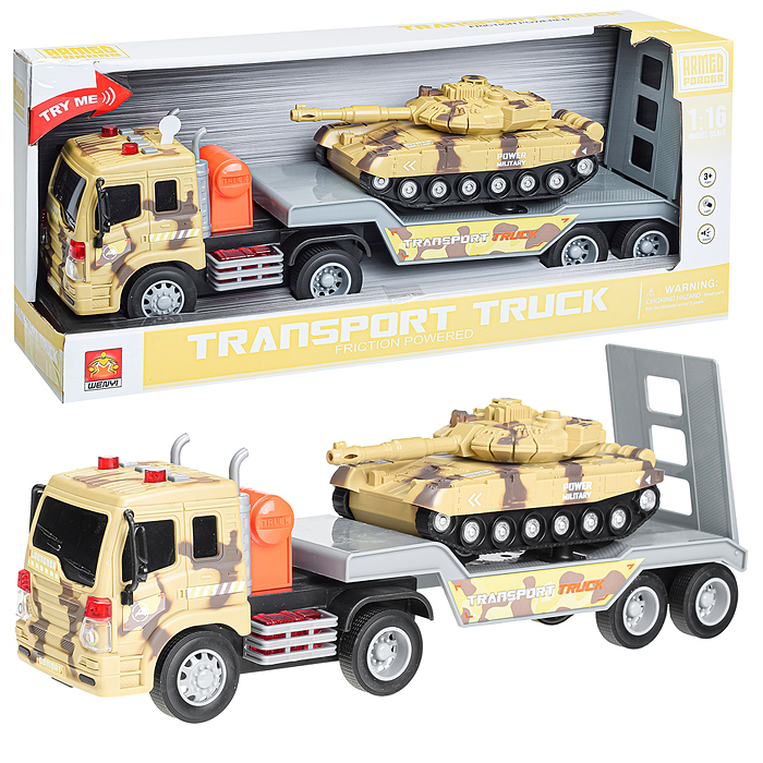 Автовоз WY571J "Военный" с танком, 1:16 (свет, звук) на батарейках, в коробке (камуфляж) Автовоз WY571J "Военный" с танком, 1:16 (свет, звук) на батарейках, в коробке (камуфляж)