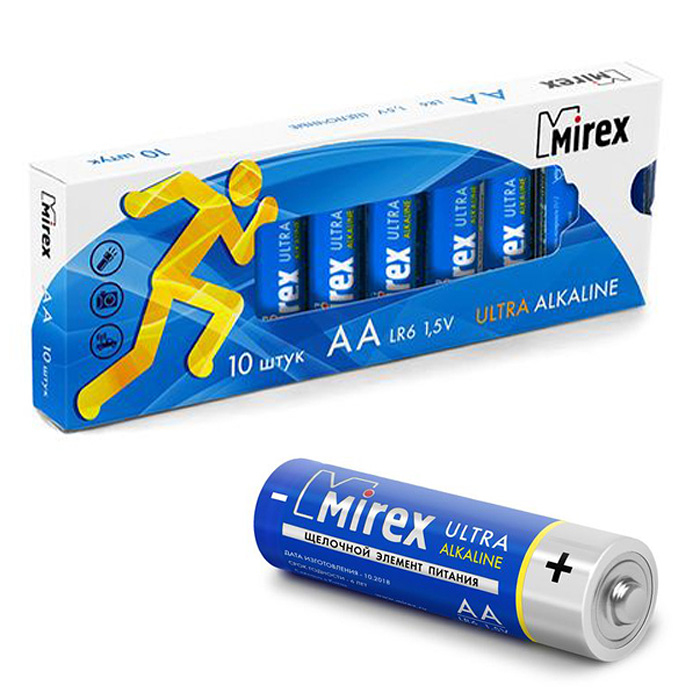 Батарея щелочная Mirex LR6 / AA 1,5V, в упаковке 10 шт. Батарея щелочная Mirex LR6 / AA 1,5V, в упаковке 10 шт.
