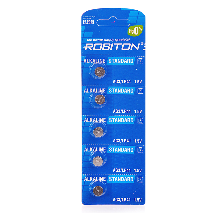 Батарейки алкалиновые ROBITON STANDARD R-AG3-0-BL5 (0% Hg) AG3 LR41 392 192 BL5