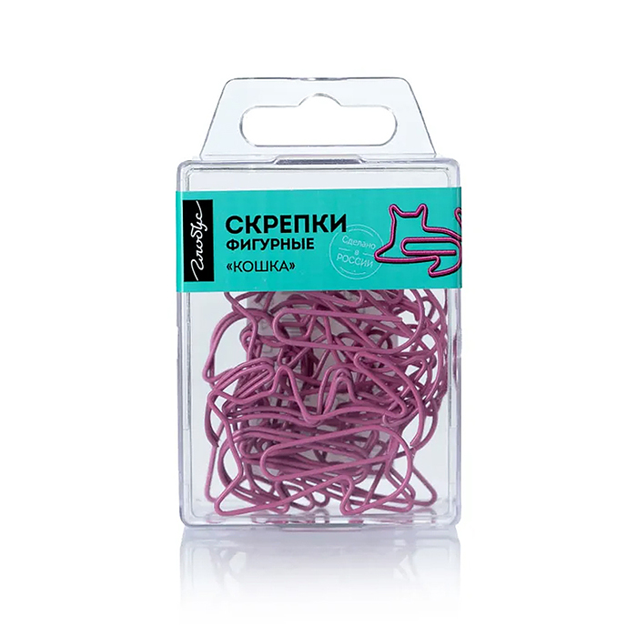 Скрепки фигурные кошка L45 мм 12 шт., пластик. коробка, европодвес, розовые 