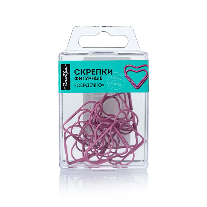 Скрепки фигурные сердечко L28 мм 12 шт., пластик. коробка, европодвес, розовые 