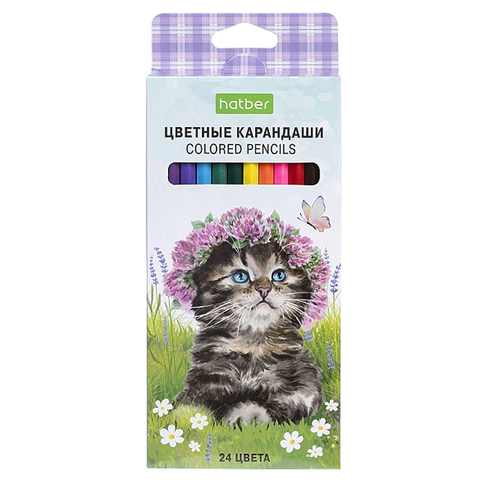 Карандаши цветные 24цв. ECO "Котики бывают разными" заточен.  в карт. коробке с европодвесом
