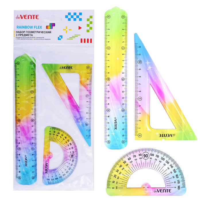 Набор геометрический "Rainbow Flex" малый, 3 предмета (линейка 20 см, угольник 30°/60°/90°, Набор геометрический "Rainbow Flex" малый, 3 предмета (линейка 20 см, угольник 30°/60°/90°,