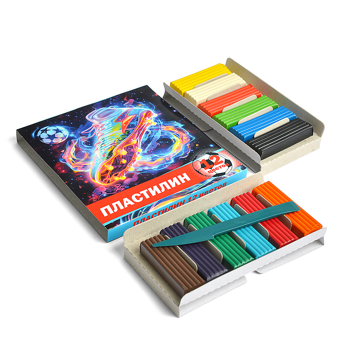 Пластилин 12 цветов "Футбол" 240 гр, стека пластиковая, картонная упаковка Пластилин 12 цветов "Футбол" 240 гр, стека пластиковая, картонная упаковка
