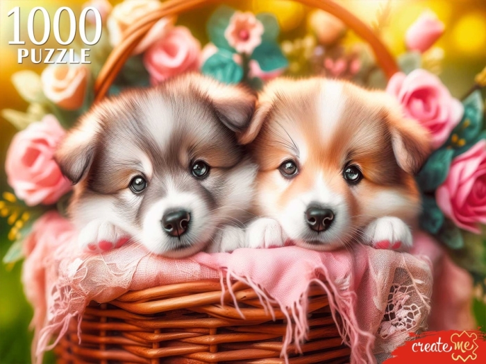 Пазлы 1000 "Два щенка в корзине" Пазлы 1000 "Два щенка в корзине"