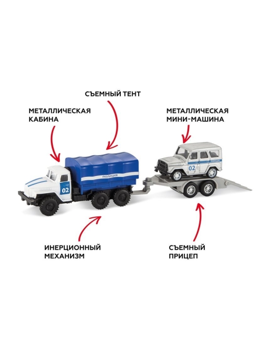Фото к товару Набор машин "Грузовик с прицепом. Полиция" металл, инерц, съемный тент,  Набор машин "Грузовик с прицепом. Полиция" металл, инерц, съемный тент,