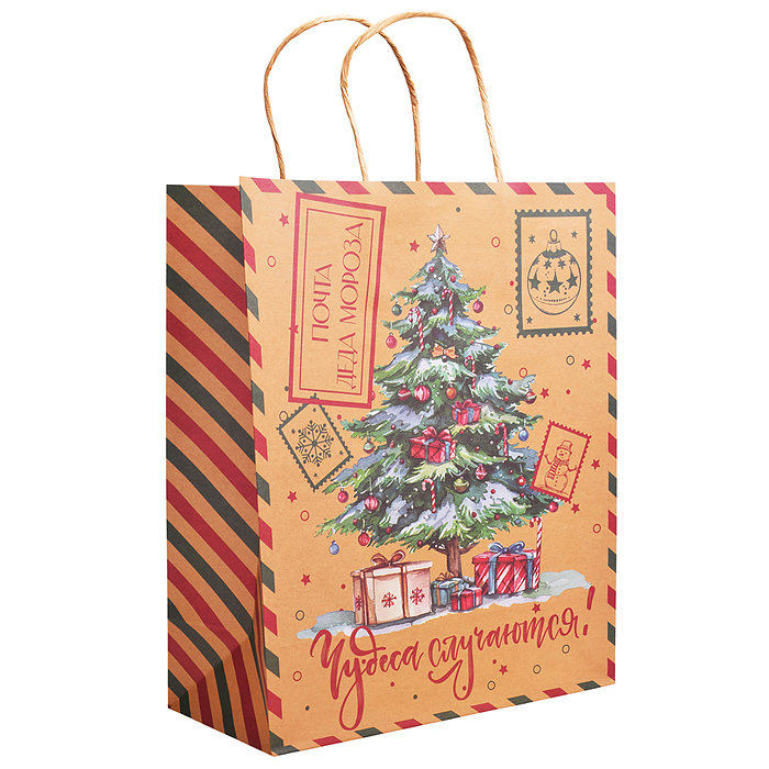 Пакет из крафт-бумаги для сувенирной продукции, с шириной основания 26 см, плотность бумаги 150 г/
