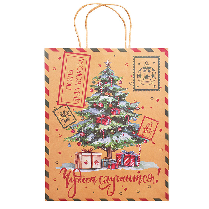 Пакет из крафт-бумаги для сувенирной продукции, с шириной основания 26 см, плотность бумаги 150 г/