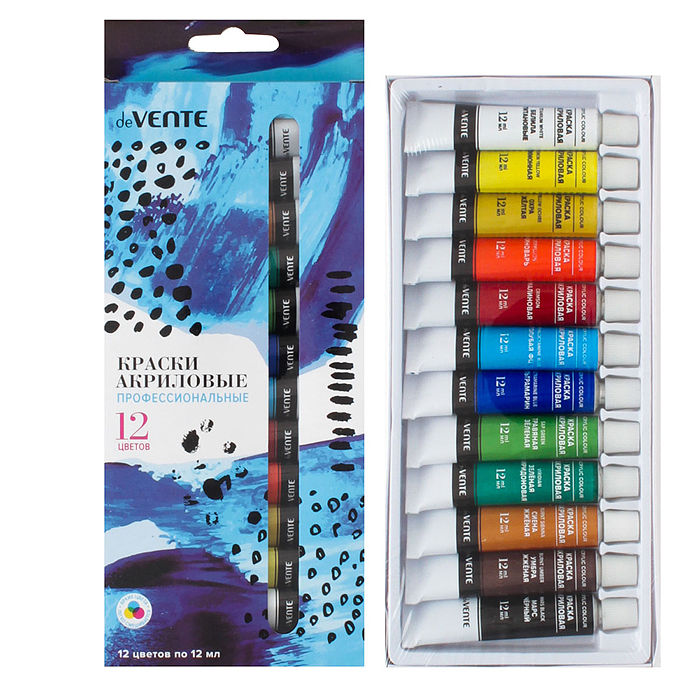 Краски акриловые 12 цв. по 12 мл. профессиональные художественные, в алюминиевых тубах Краски акриловые 12 цв. по 12 мл. профессиональные художественные, в алюминиевых тубах