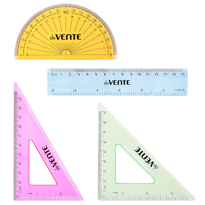 Набор геометрический малый, 4 предмета (линейка 15 см, 2 угольника, транспортир) полупрозр