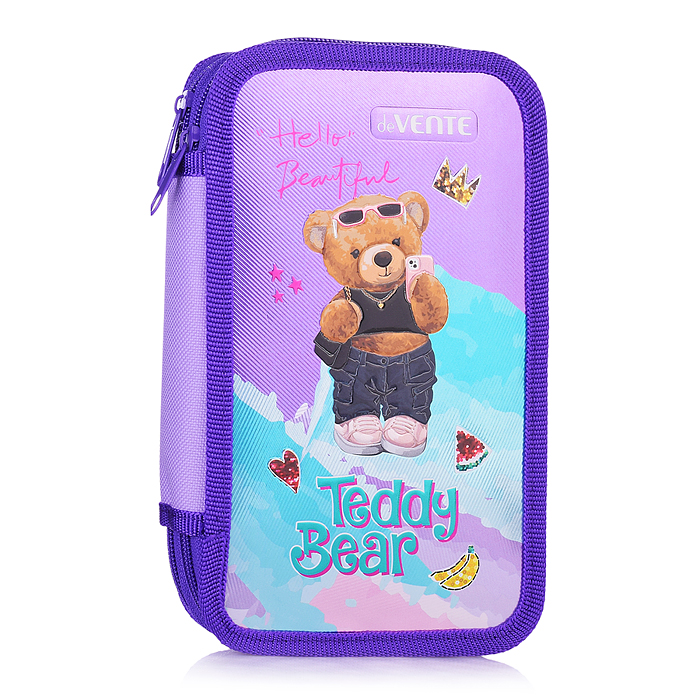 Пенал "Teddy Bear" 20,5x12 см, двухстворчатый прямоугольный для 31 предмета, на молнии, кар