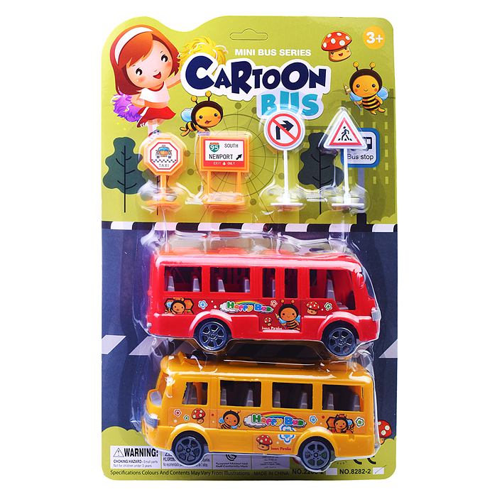 Набор автобусов 8282-2 "Cartoon bus" со знаками, на листе