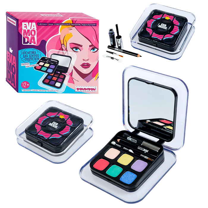 Набор детской декор. косметики Eva Moda, BOX 14х14х4,5 см; тени для век-4шт.(3,84г), блеск  Набор детской декор. косметики Eva Moda, BOX 14х14х4,5 см; тени для век-4шт.(3,84г), блеск