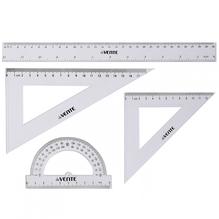 Набор геометрический средний, 4 предмета (линейка 30 см, 2 угольника, транспортир) прозрач