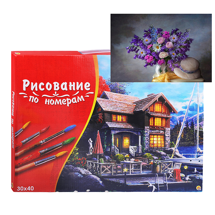 Холст с красками 30х40 по номерам "Полевые цветы в вазочке на столике" в кор.(20цв) 