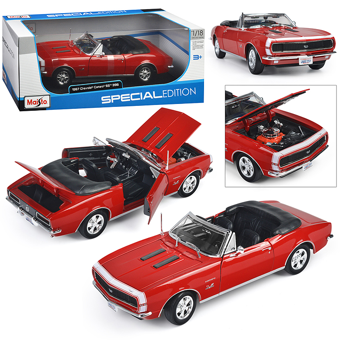 Машинка die-cast 1967 Chevrolet Camaro SS 396 Convertible, 1:18, красная, открывающиеся двери