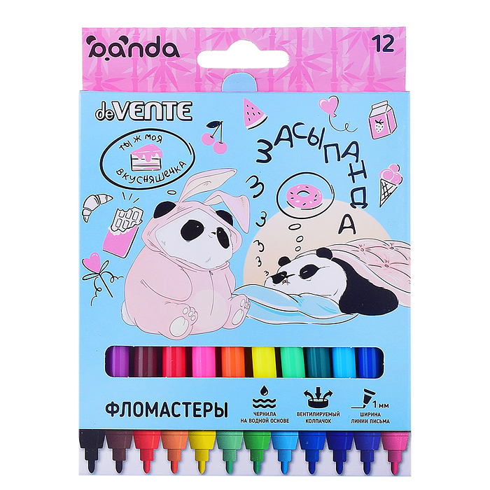 Фломастеры "Panda" 12 цв. с вентилируемым колпачком, в картонной коробке с подвесом Фломастеры "Panda" 12 цв. с вентилируемым колпачком, в картонной коробке с подвесом