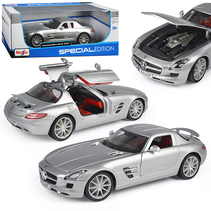 Машинка die-cast Mercedes-Benz SLS AMG, 1:18, серебристая, открывающиеся двери