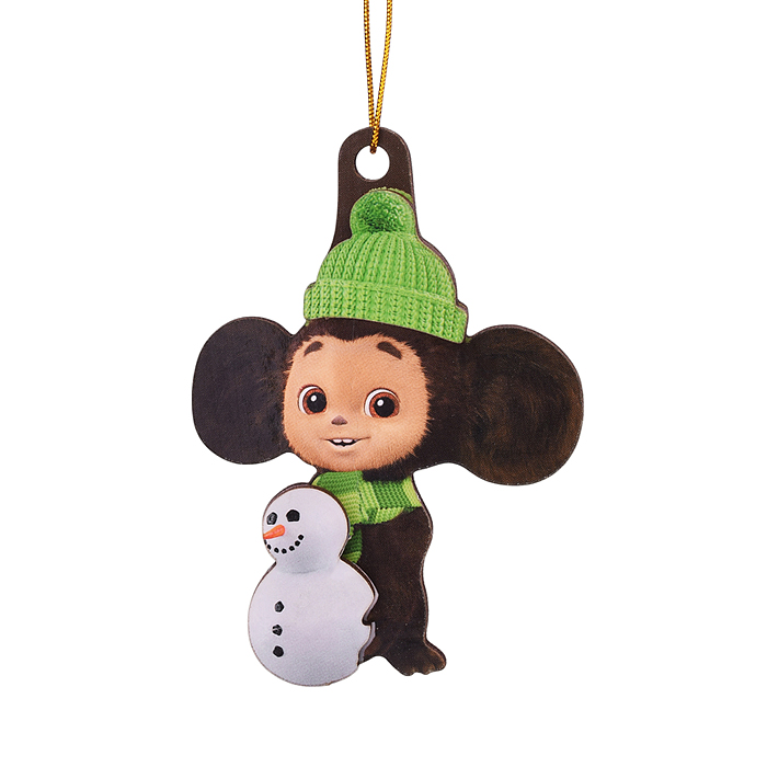 Новогодняя ёлочная подвеска из дерева двухслойная "Чебурашка и снеговик" 9х6,5см 