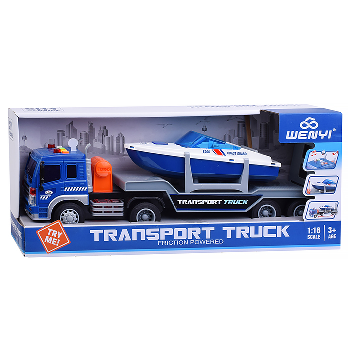 Машина WY571M "Автовоз" с катером 1:16 (свет, звук) в коробке (цвет синий)