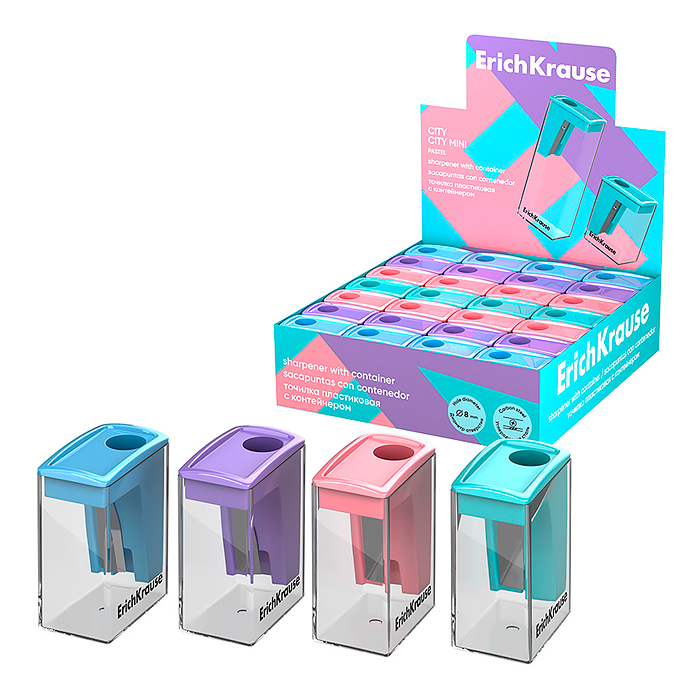 Точилка пластиковая City Mini, Pastel, с контейнером, ассорти