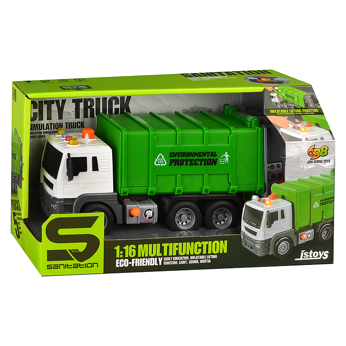Машина JS108 "Мусоровоз" 1:16 (свет, звук) в коробке (зеленый)