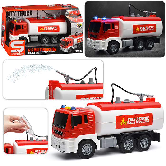 Машина JS111 "Пожарная цистерна" 1:16 (свет, звук) в коробке