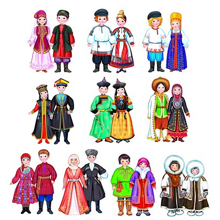 Комплект вырубных мини-плакатов со скотчем "Костюмы народов России" (10 народов, 20 костюмов)