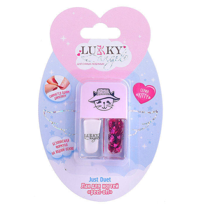 Двойные лаки для ногтей Lukky Angel Just Duet кол-я Kitty, серебряный металлик и красный с блесткам