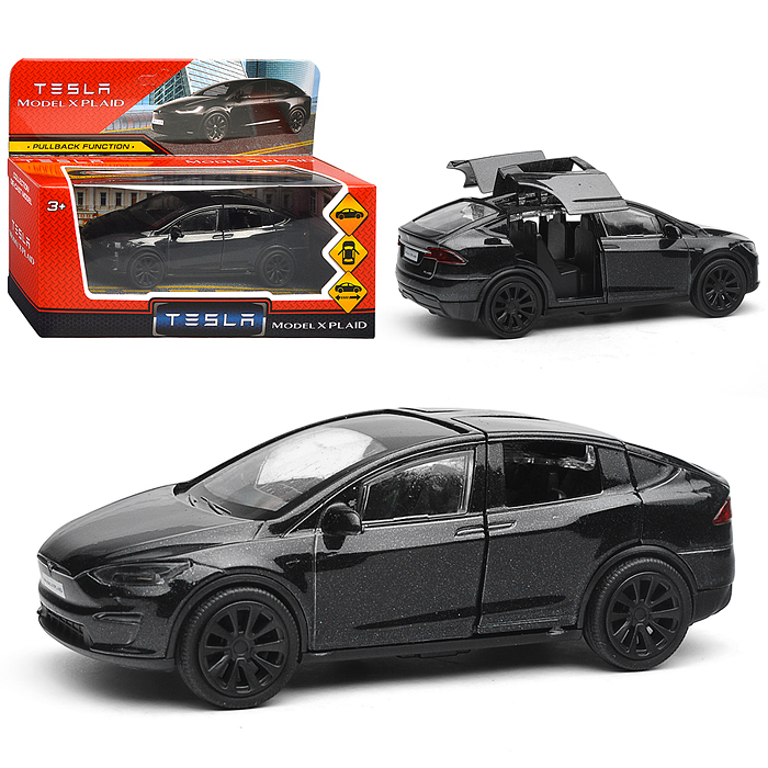Машина металл Tesla Model X Plaid 12 см, двери, черн, в коробке