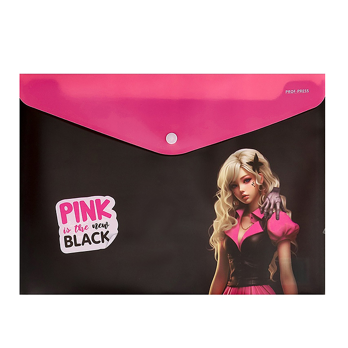 Папка-конверт на кнопке А4, 180мкм, "PINK&BLACK"