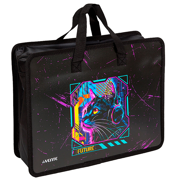 Папка для тетрадей, ИЗО и технологии "Label. Cyber Cat" A4 (33,5x26x10 см) с текстильным ра