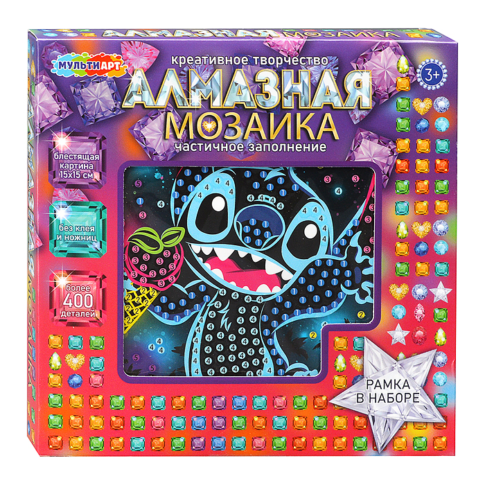 Алмазная мозаика на черном фоне 15*15 "Стич" в коробке
