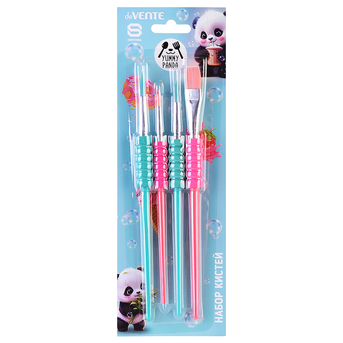 Набор кистей "Yummy Panda" 4 шт (синтетика круглые № 4, 8, 12, плоская № 10) ручка с эргоно