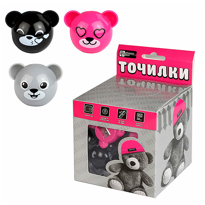 Точилка "Мишка в шапочке" (ассорти, полистирол, розовый, серый, чёрный, 1 отверстие)