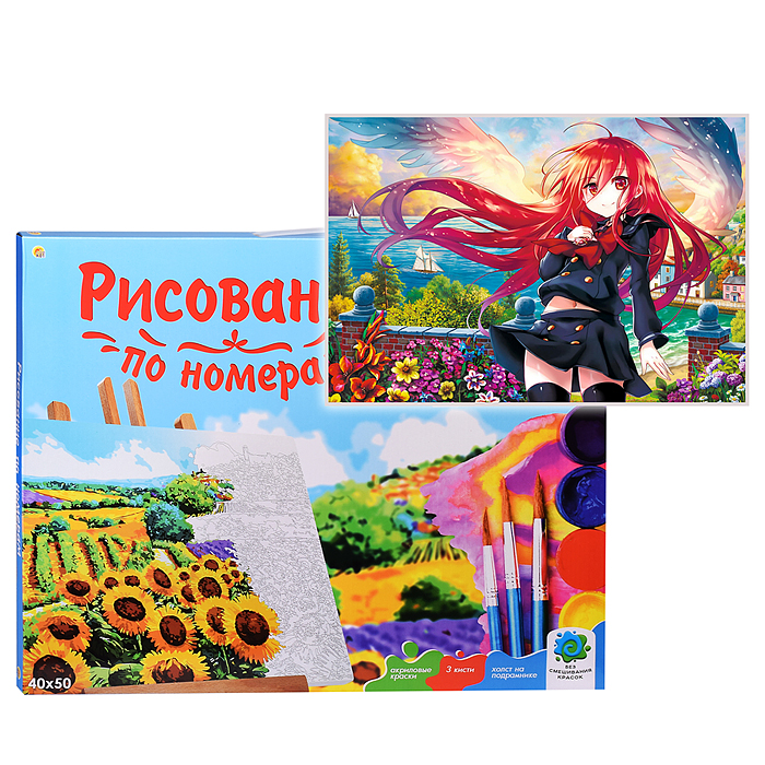 Холст с красками 40х50 по номерам "Красноволосая девочка с крыльями" (в коробке)(24цв)  