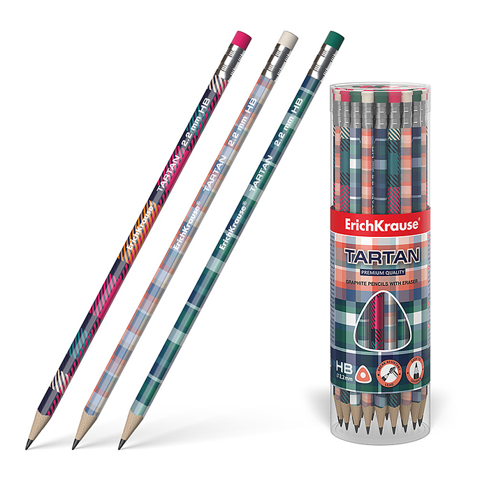 Чернографитный карандаш Tartan, трехгранный, с ластиком, HB (в тубусе по 42 шт.)