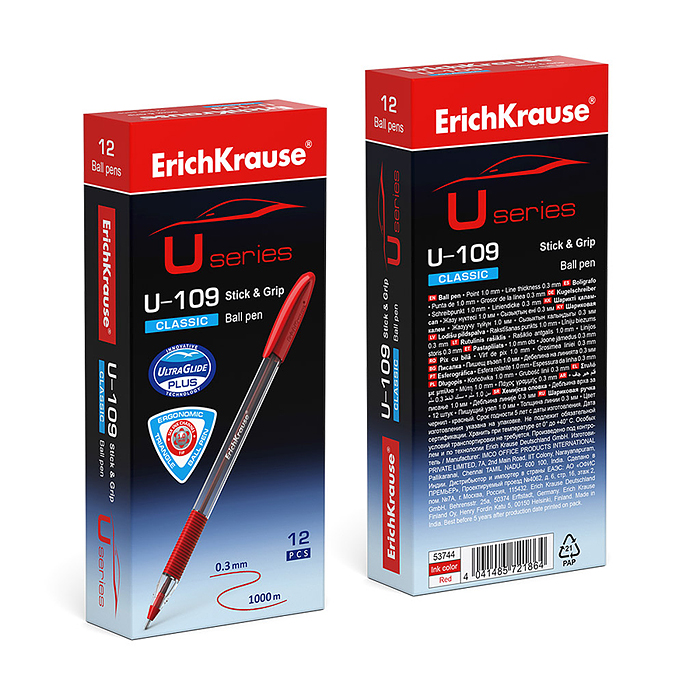 Ручка шариковая U-109 Stick&Grip Classic 1.0, Ultra Glide Technology, цвет чернил красный