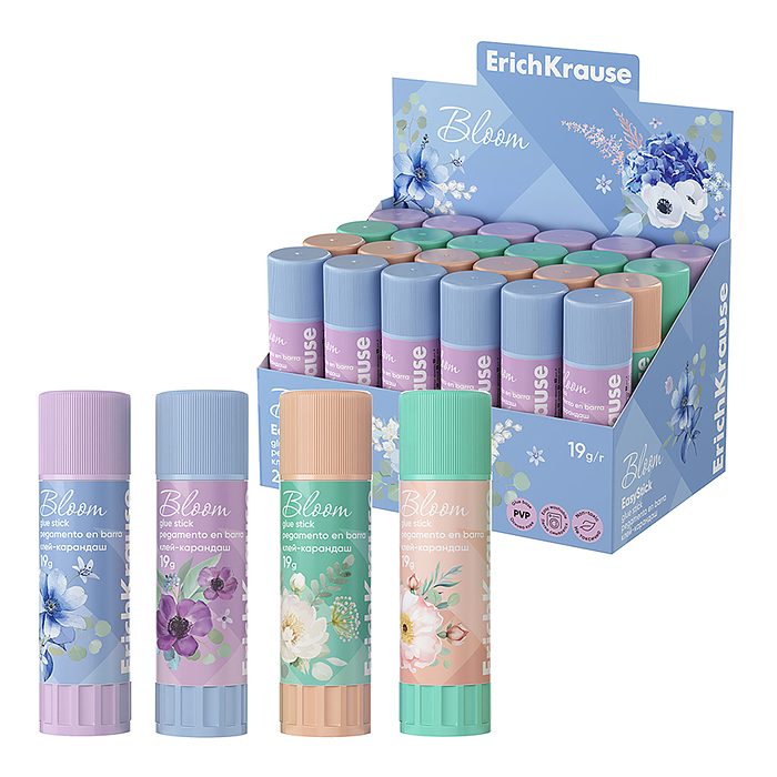 Клей-карандаш EasyStick "Pastel Bloom" 19г, ассорти (в коробке-дисплее по 24 шт.)