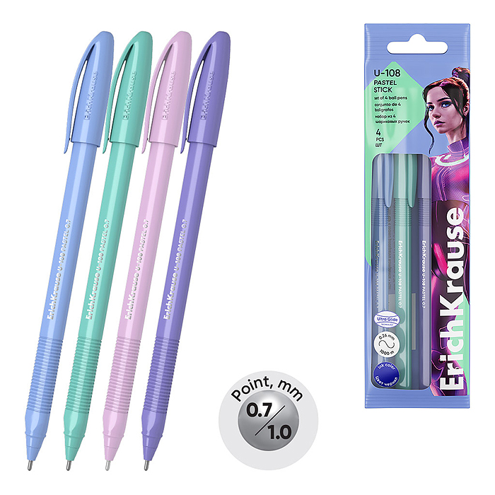 Набор из 4 ручек шариковых U-108 Stick Pastel, 0.7, Ultra Glide Technology, цвет чернил с