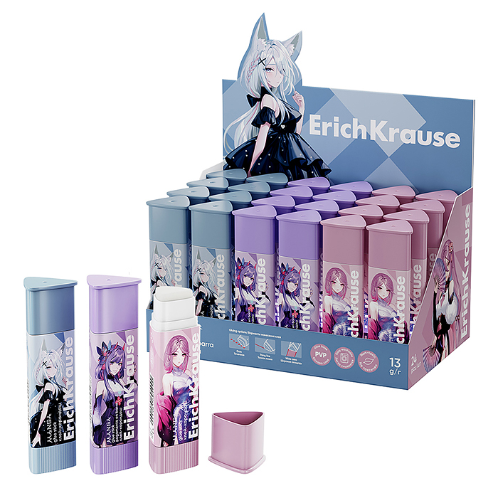 Клей-карандаш Prism Manga, 13г, ассорти (в коробке-дисплее по 24 шт.)