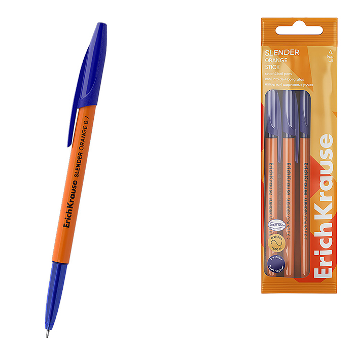 Набор из 4 ручек шариковых Slender Stick Orange, 0.7, Super Glide Technology, цвет чернил