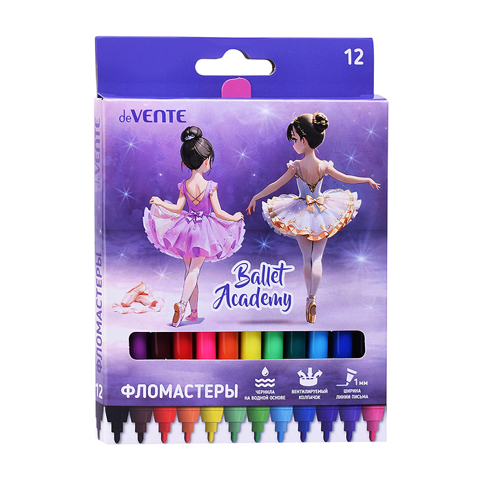 Фломастеры 12цв. "Ballet Academy" с вентилируемым колпачком, в картонной коробке с подвесом