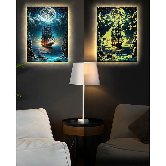 Картина по номерам 40х50 "Корабль в лунном свете" со светящейся краской, USB LED подсветка