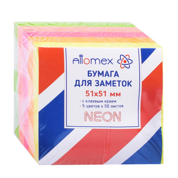 Клейкая бумага для заметок "Attomex" 51x51 мм, 250 листов, офсет 75 г/м², 5 неоновых цветов