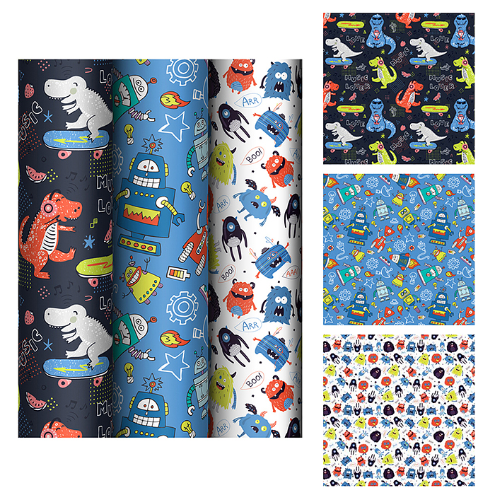 Упаковочная бумага глянц. 70*100см, "Monsters", 80 г/м2, ассорти, 3 дизайна