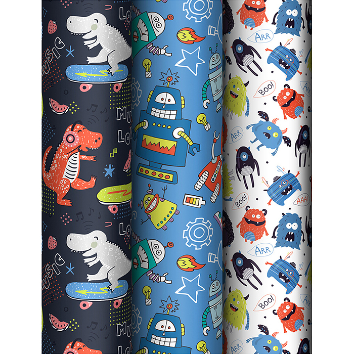 Упаковочная бумага глянц. 70*100см, "Monsters", 80 г/м2, ассорти, 3 дизайна