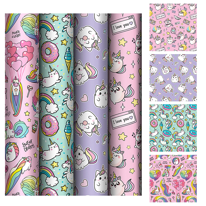 Упаковочная бумага глянц. 70*100см, "Unicorn", 80 г/м2, ассорти, 4 дизайна 