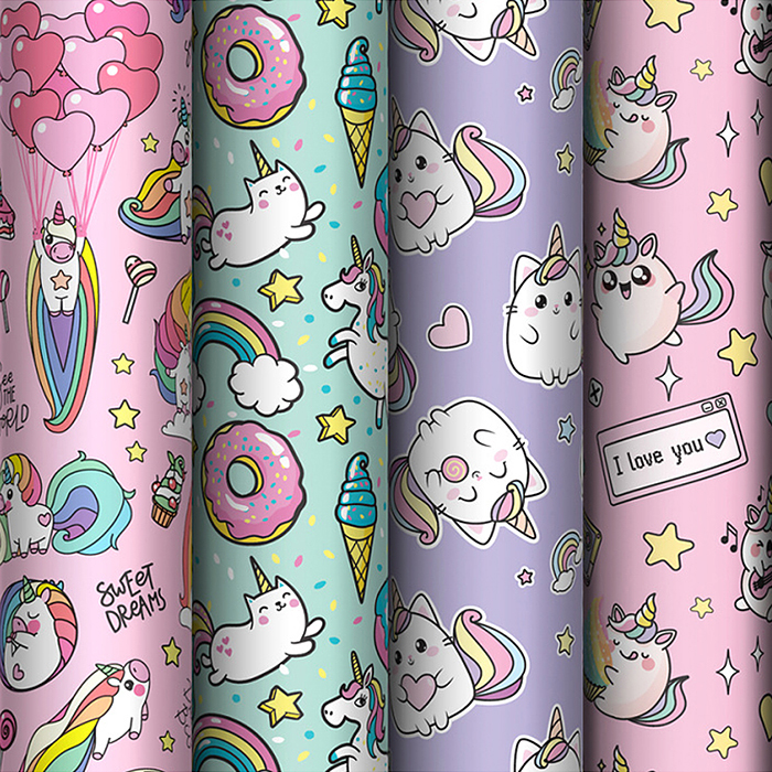 Упаковочная бумага глянц. 70*100см, "Unicorn", 80 г/м2, ассорти, 4 дизайна 
