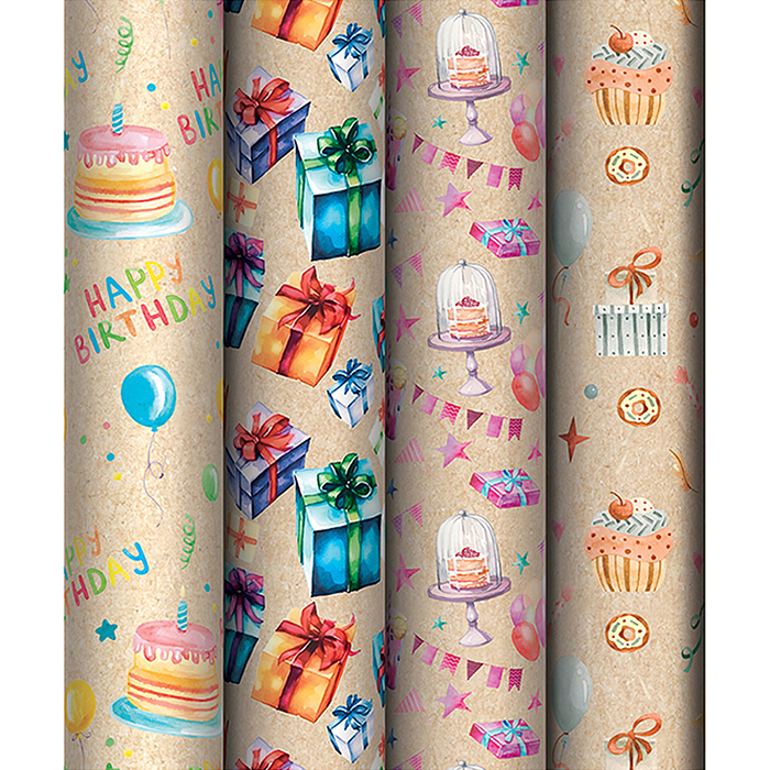 Упаковочная бумага крафт 70*100см, "Happy birthday", 70 г/м2, ассорти, 4 дизайна 
